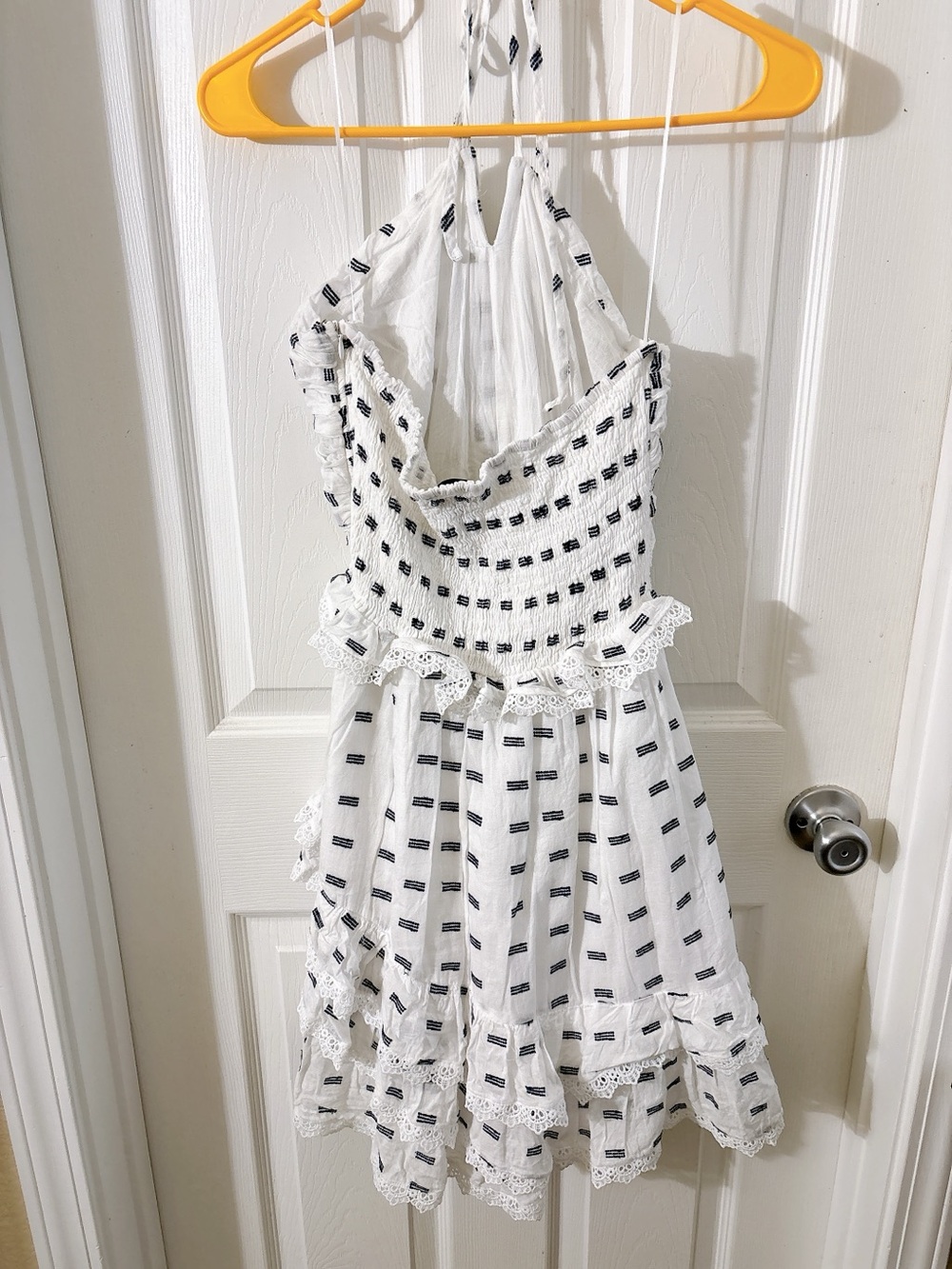 AQUA White Navy Embroidered Smocked Halter Mini Dress Tiered Lace Trim Large - Picture 4 of 6